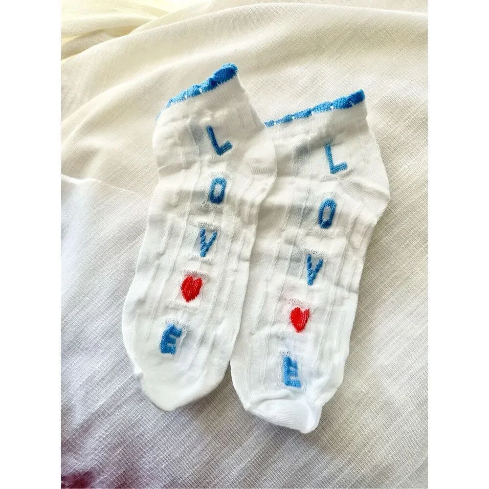 Red, white, and blue LOVE heart socks